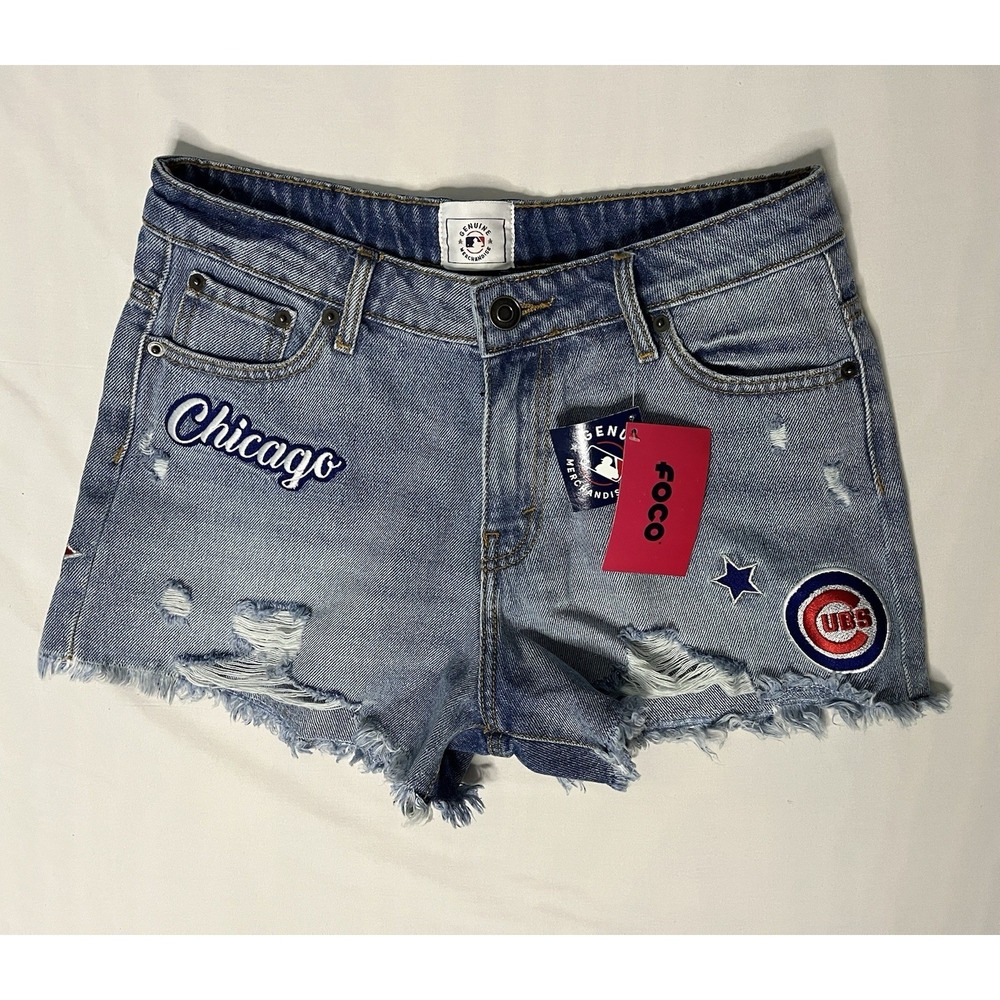 NWT FOCO Chicago Cubs Distressed Denim Shorts Women's Size Large Blue Baseball